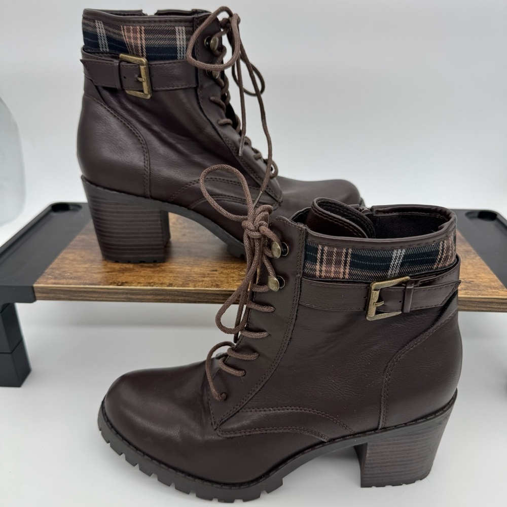 Seychelles Lace-Up Heeled Combat Boots – Brown with Plaid Cuff – Size 9.5 - Picture 4 of 11